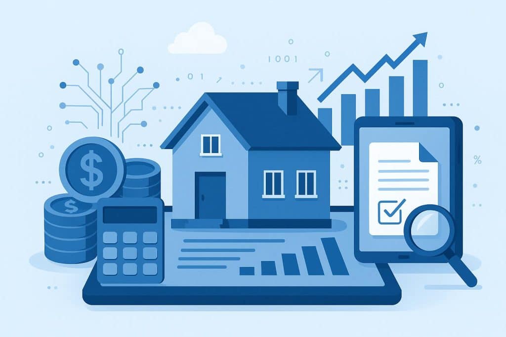 Digital Transformation in Home Loan Processing Paperwork replaced by digital devices in modern home loan application process illustration