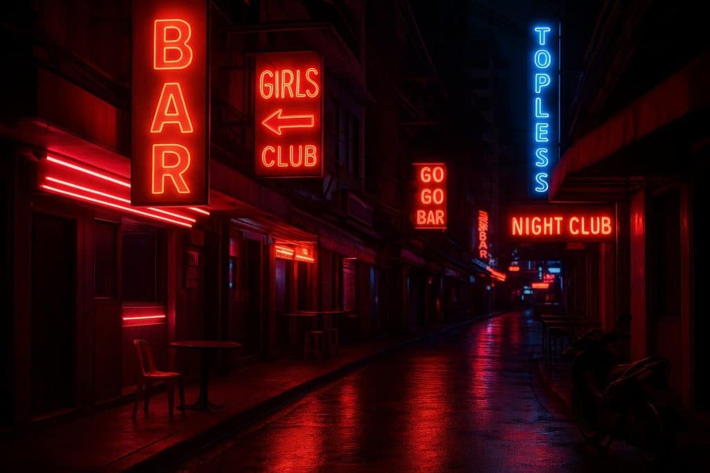 Neon signs and bustling nightlife in Bangkok’s red-light district at night