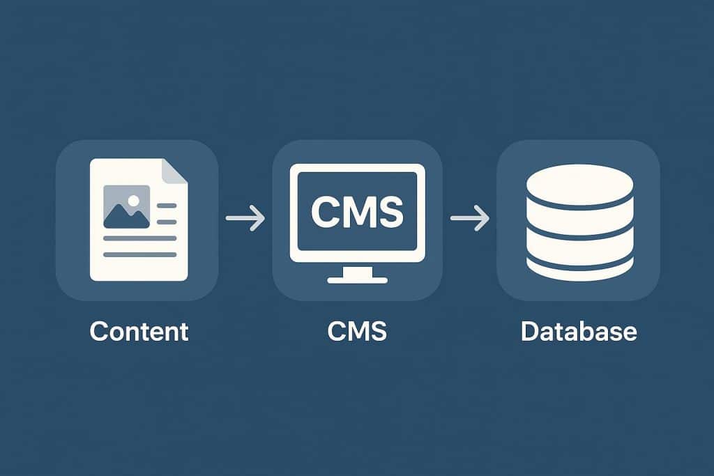 The typical CMS architecture includes three key components: Diagram illustrating the three main components of typical CMS architecture: content, logic, storage