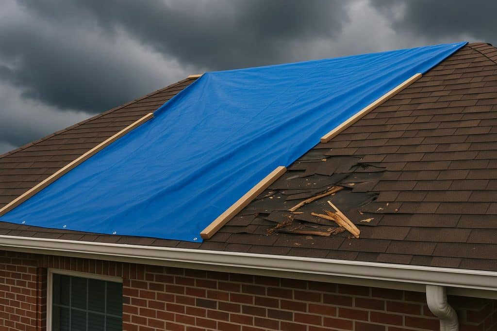 Roof tarping protecting a storm-damaged home from water leaks and further weather damage