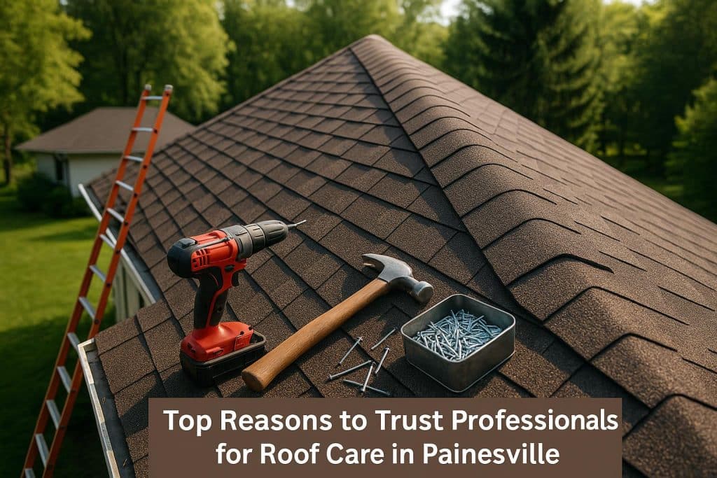 Professional roofing team repairing residential roof in Painesville Township with quality materials