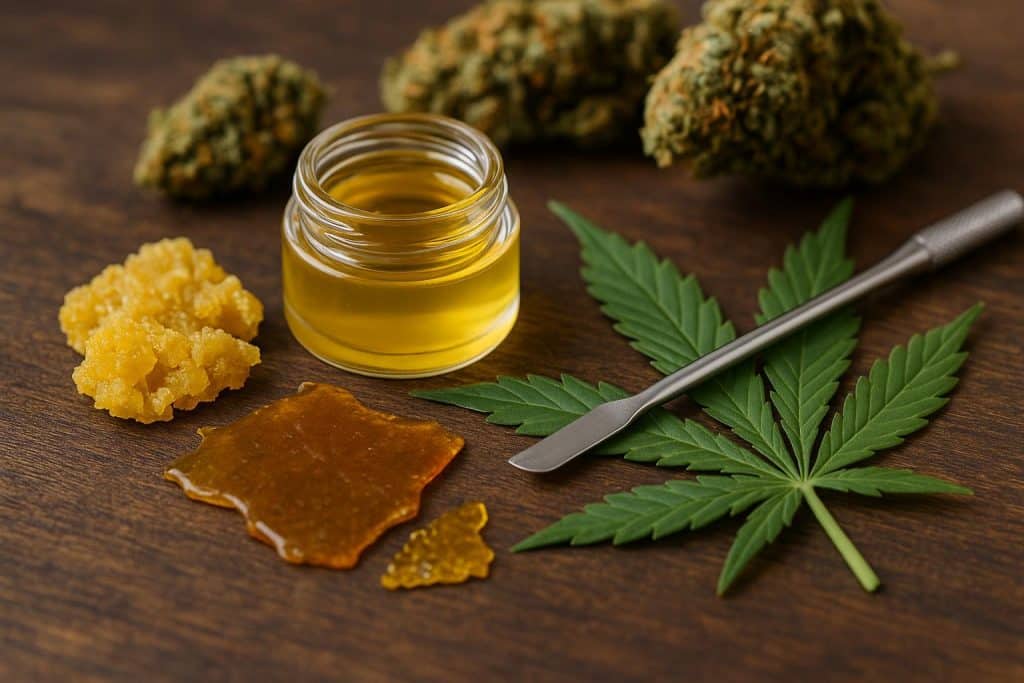 Various cannabis concentrates in jars and dabbing tools displayed in an Aurora dispensary setting