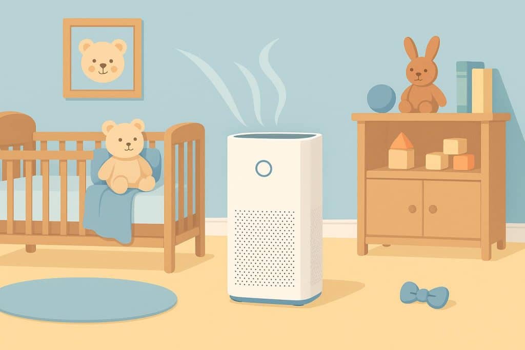 Modern air purifier in a clean family living room, promoting healthy air for babies and children