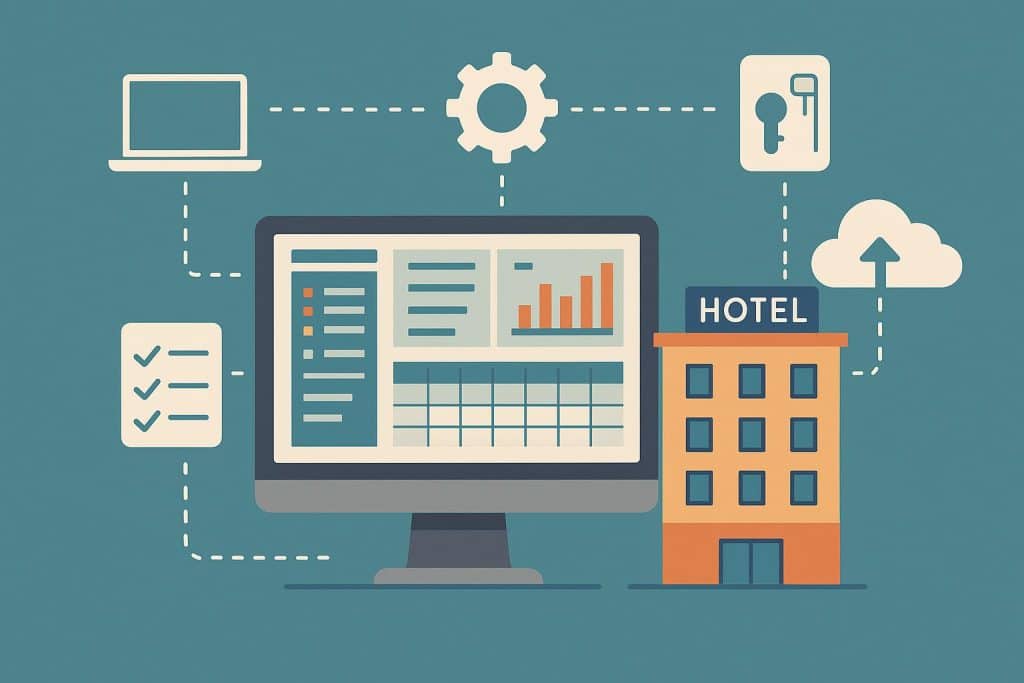 Hotel front desk with computer screen displaying property management system dashboard graphics