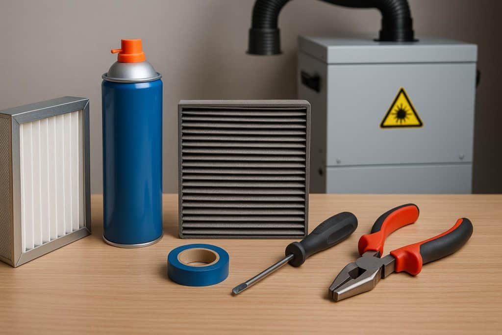 Laser fume extraction system in an industrial setting with clean filters and ventilation components