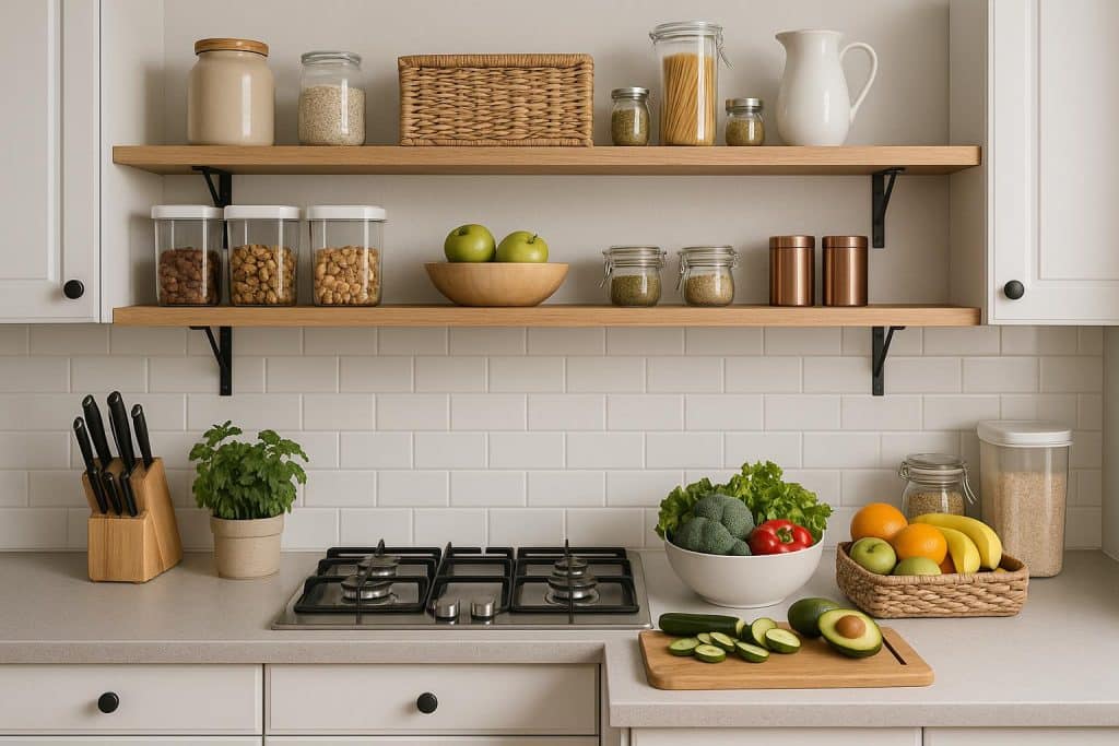 Condo Kitchen Organization Tips for Healthy Eating Organized condo kitchen with labeled storage containers and fresh produce on countertops