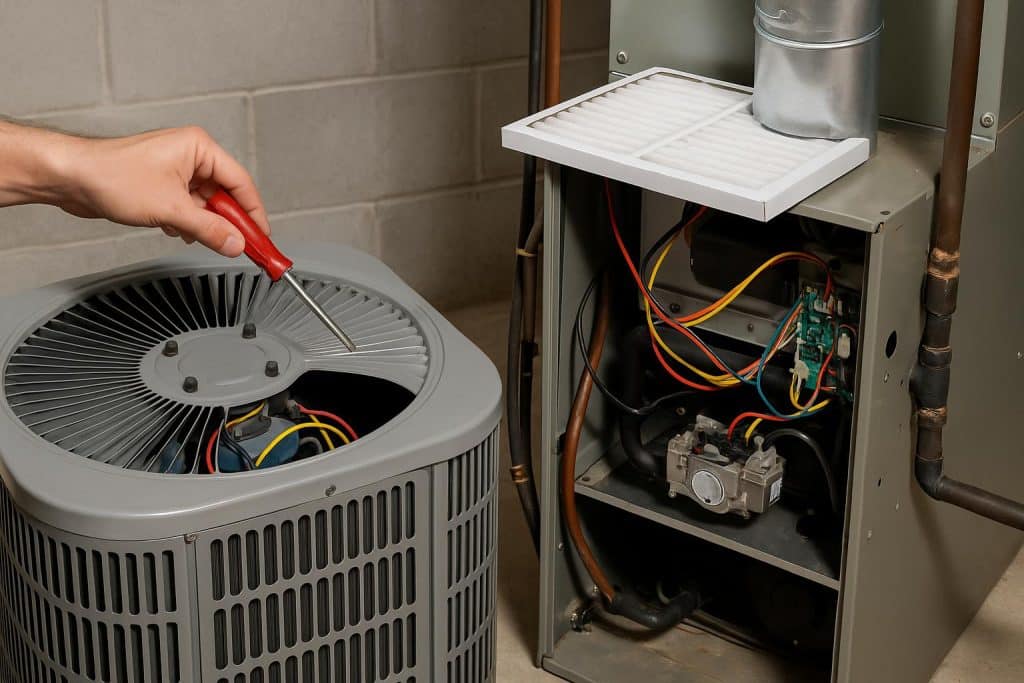 Common Mistakes Homeowners Make With HVAC Systems That Cost Them Money Thermostat and HVAC unit with warning symbols illustrating common homeowner maintenance errors