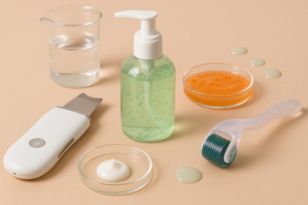 Modern skincare products and dermatologist tools for effective professional acne treatment