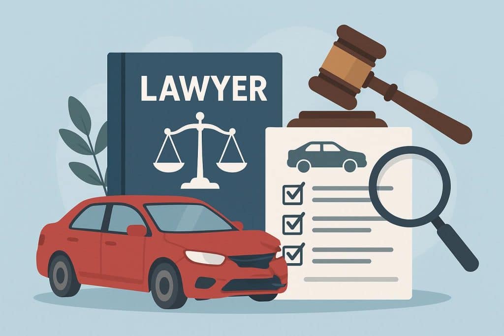 Red sedan with front-end damage after collision, highlighting need for car accident lawyer services