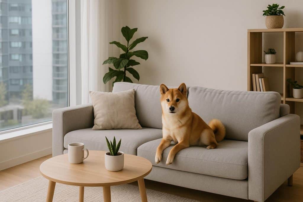 Trading Loneliness for Loyalty: The Companion That Fits Your Condo Life Loyal pet dog relaxing in a modern condo living room, symbolizing companionship and comfort
