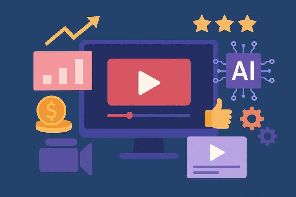 AI software creating engaging video content with futuristic digital interface and vibrant graphics