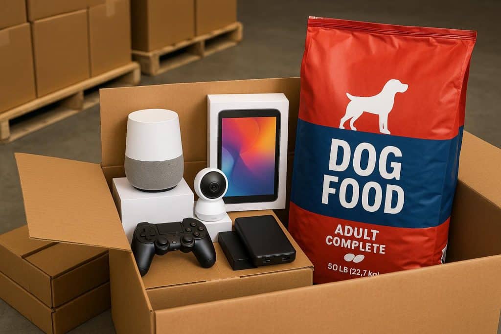 Liquidation pallets stacked with electronics, dog food, and assorted discount merchandise