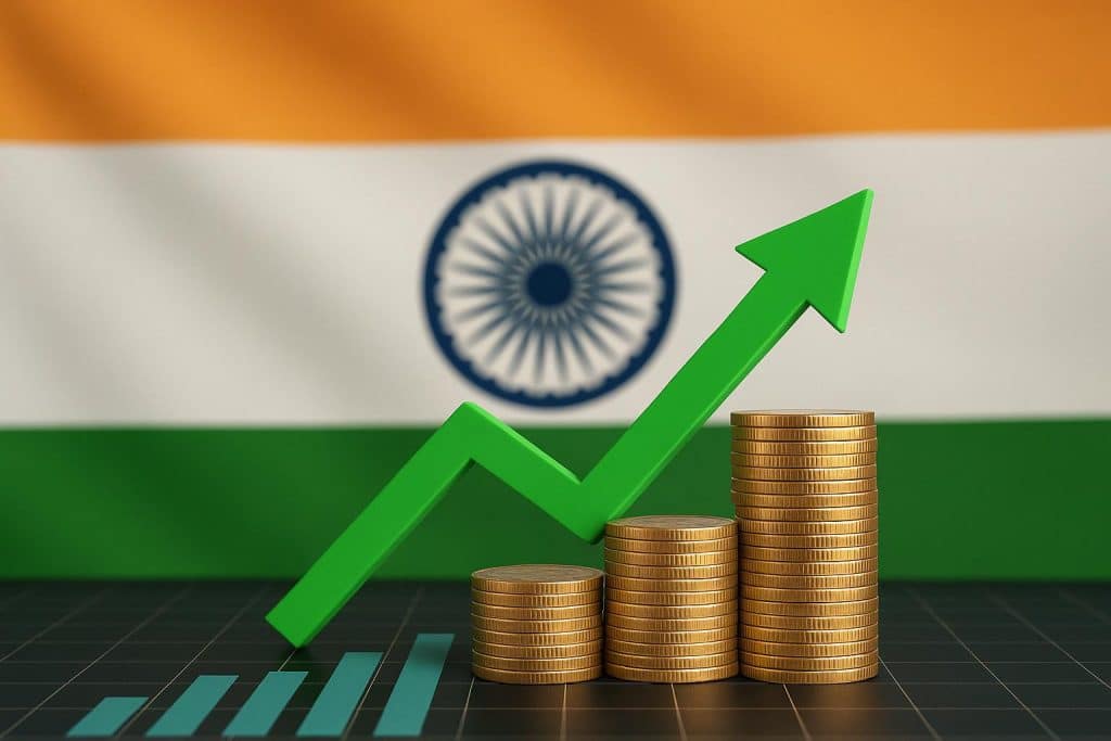 Indian stock market growth concept with rising graphs and rupee symbol reflecting investment potential