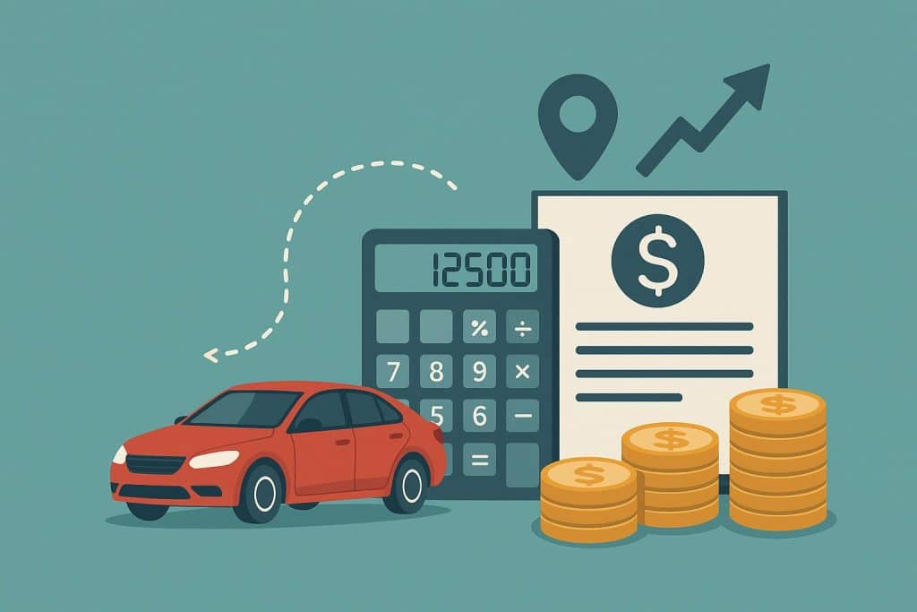Car keys on loan documents with calculator, representing vehicle finance and ownership control