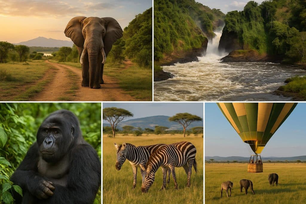 Safari adventure in Uganda with wildlife, gorillas, and scenic landscapes in a national park.
