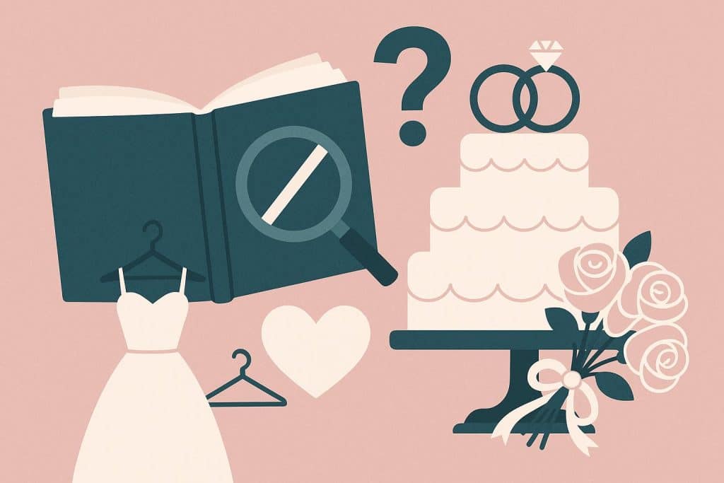 Wedding planning checklist with myth-busting notes, bridal bouquet, and ring on a table