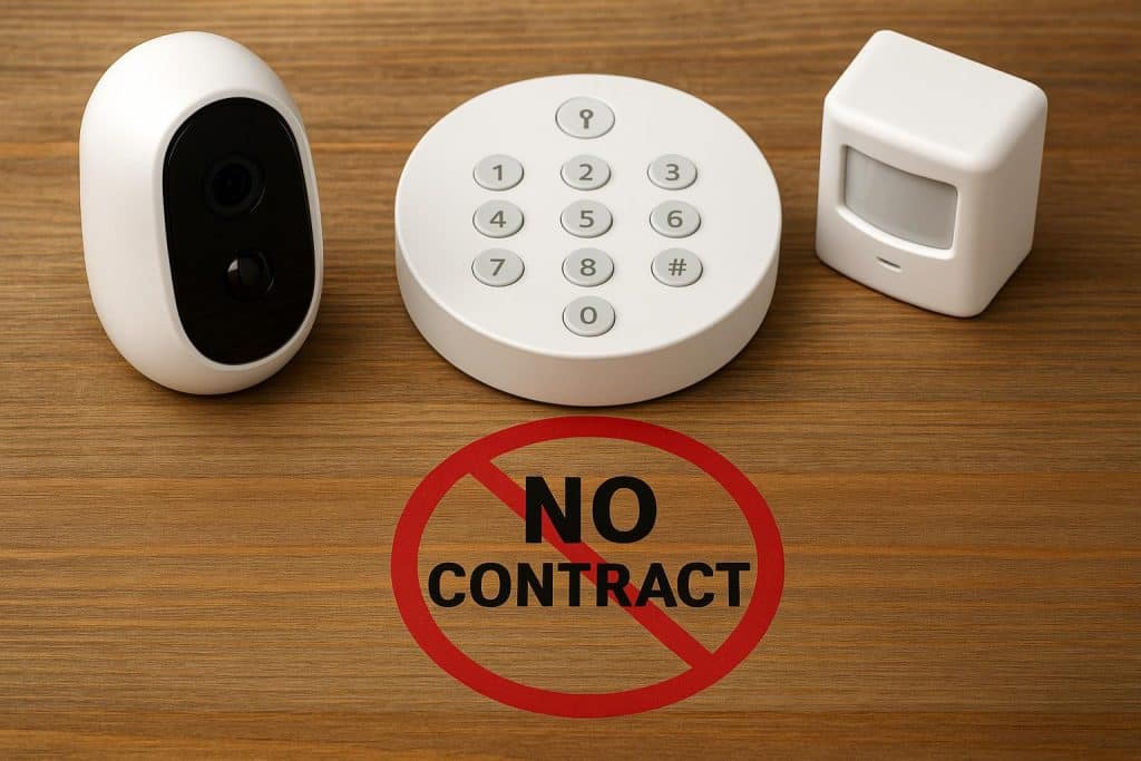 Home security system with wireless cameras and sensors installed in a modern living room