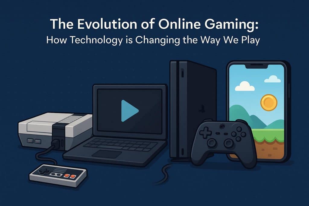 Modern online gaming setup with high-tech consoles, virtual reality headset, and gaming accessories