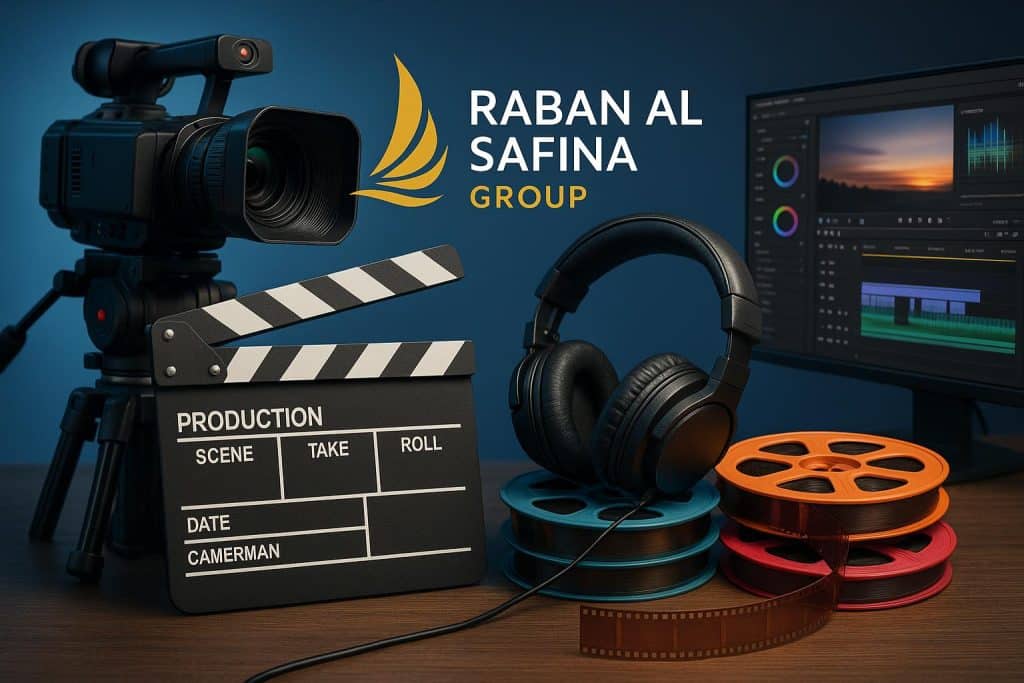 Raban Al Safina Group logo with media equipment symbolizing media and entertainment services