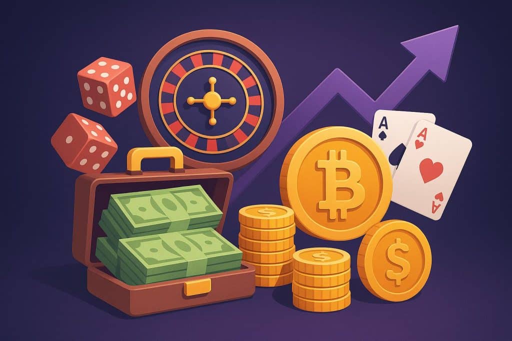 Graph showing growth of profits on crypto and fiat gaming platforms with strategy icons