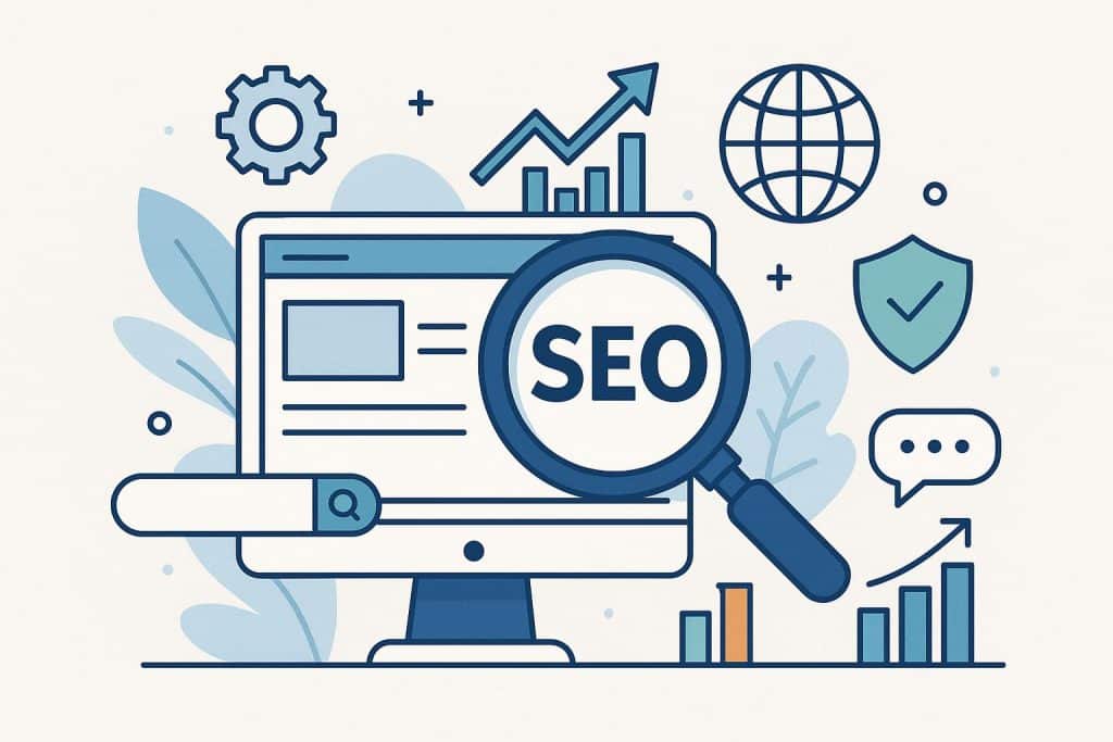 Colorful SEO icons and digital graphs illustrating strategies to boost website online presence