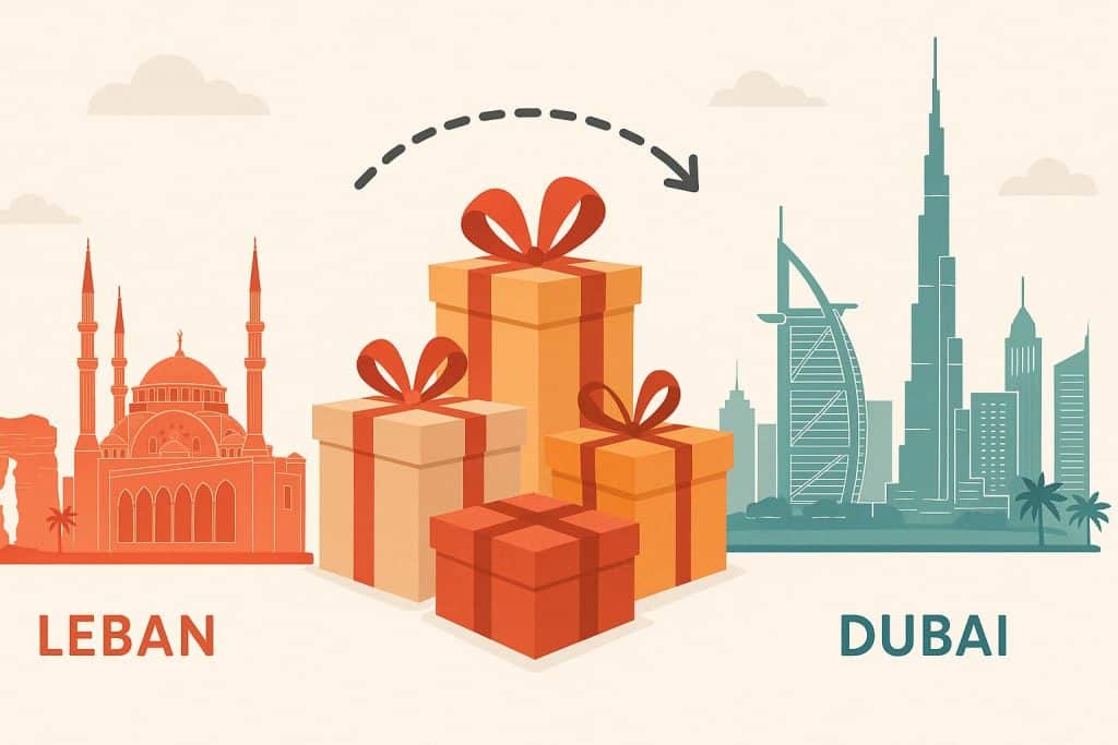 Gifts being delivered across borders, highlighting gifting services in Lebanon and Dubai.
