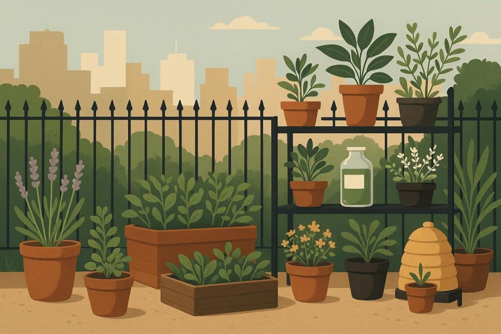 Lush urban balcony garden with potted herbs and medicinal plants for an apothecary setup