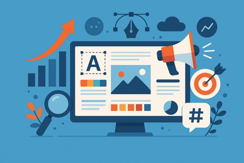 Modern digital graphics and marketing strategy concepts boosting online brand visibility