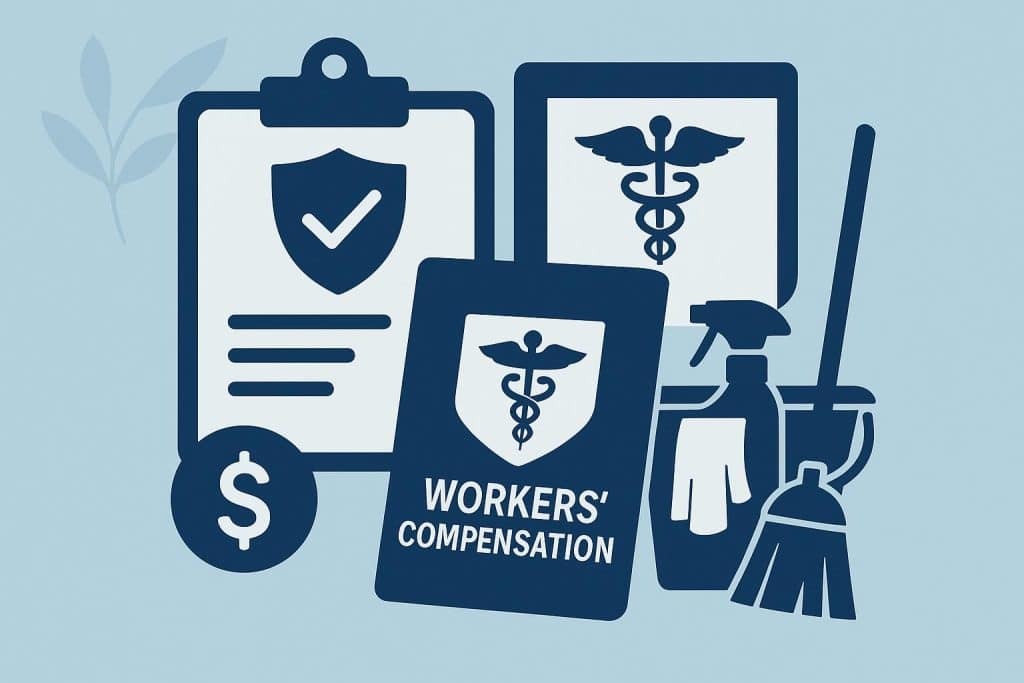 Workers’ Compensation Basics Every Cleaning Company Should Review Workers’ compensation policy documents and cleaning supplies on a desk in an office setting