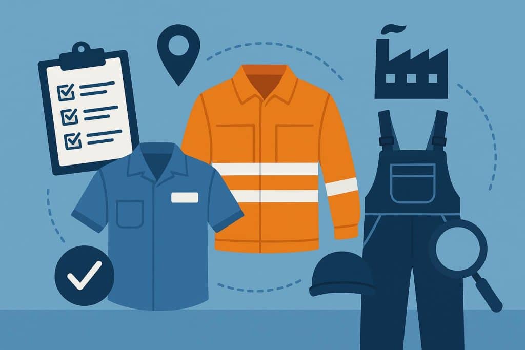 Choosing the Right Uniform Company for Your Business Business owners reviewing uniform samples and fabric options in an office setting