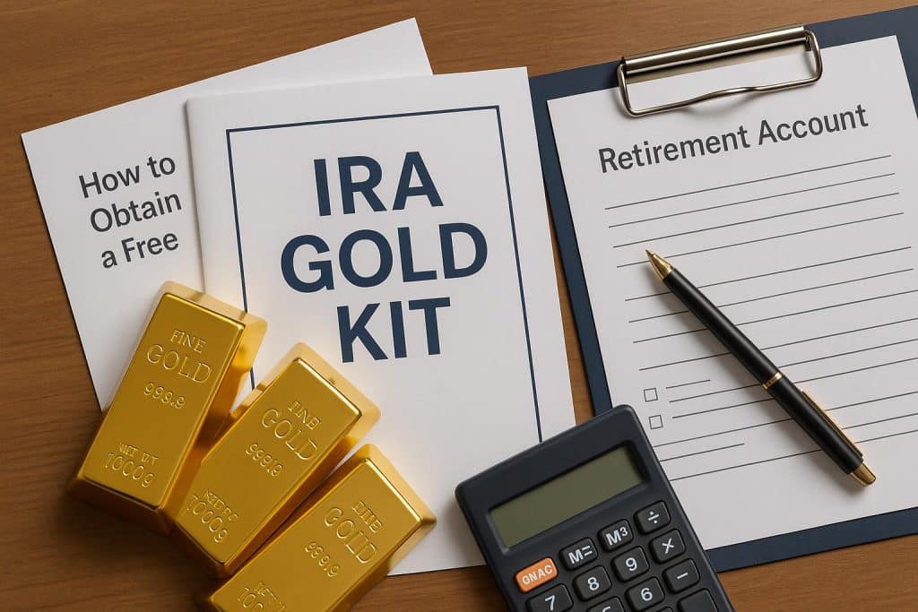 How To Obtain a Free IRA Gold Kit Free IRA gold kit brochure and gold coins illustrating retirement investment options