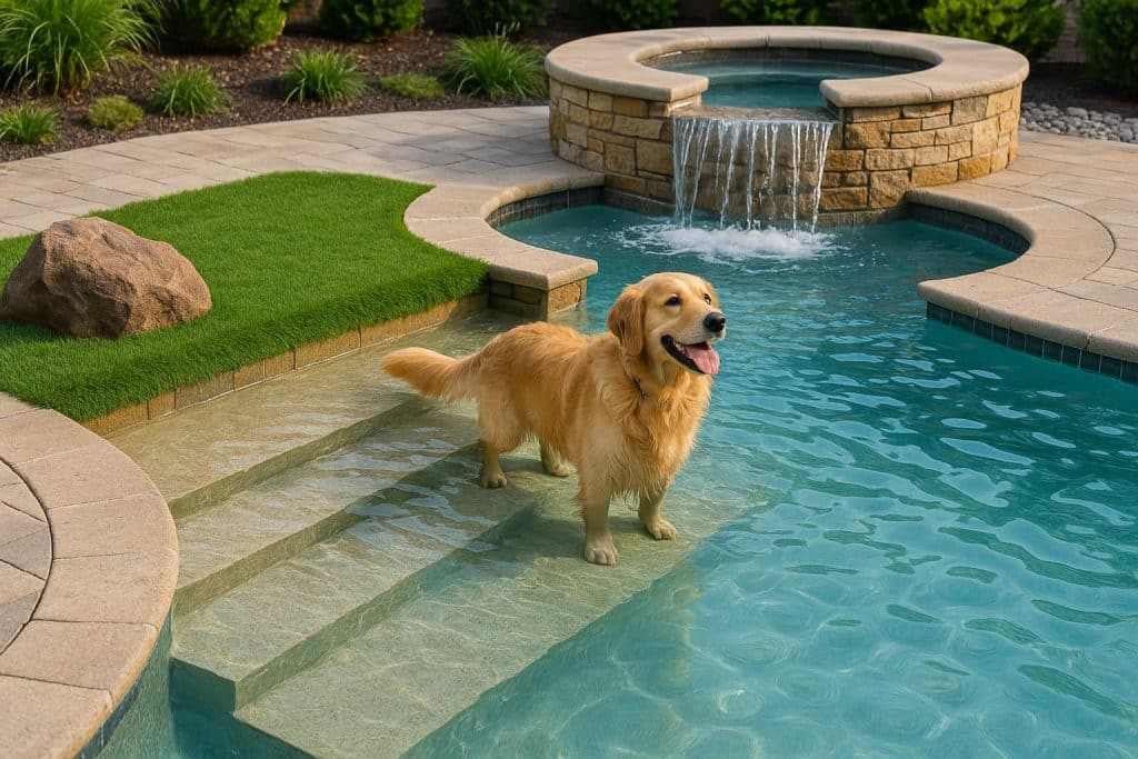 Golden retriever swimming in a backyard custom pool with pet-safe ramps and splash area