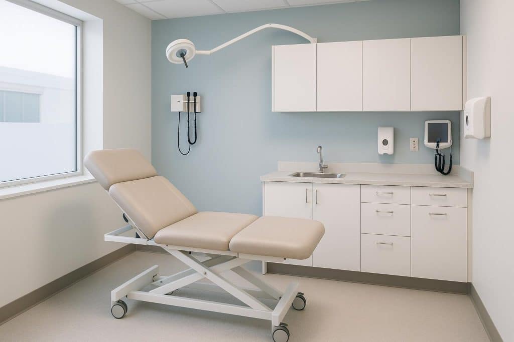 Modern medical clinic interior with specialized equipment and ergonomic furniture for healthcare settings