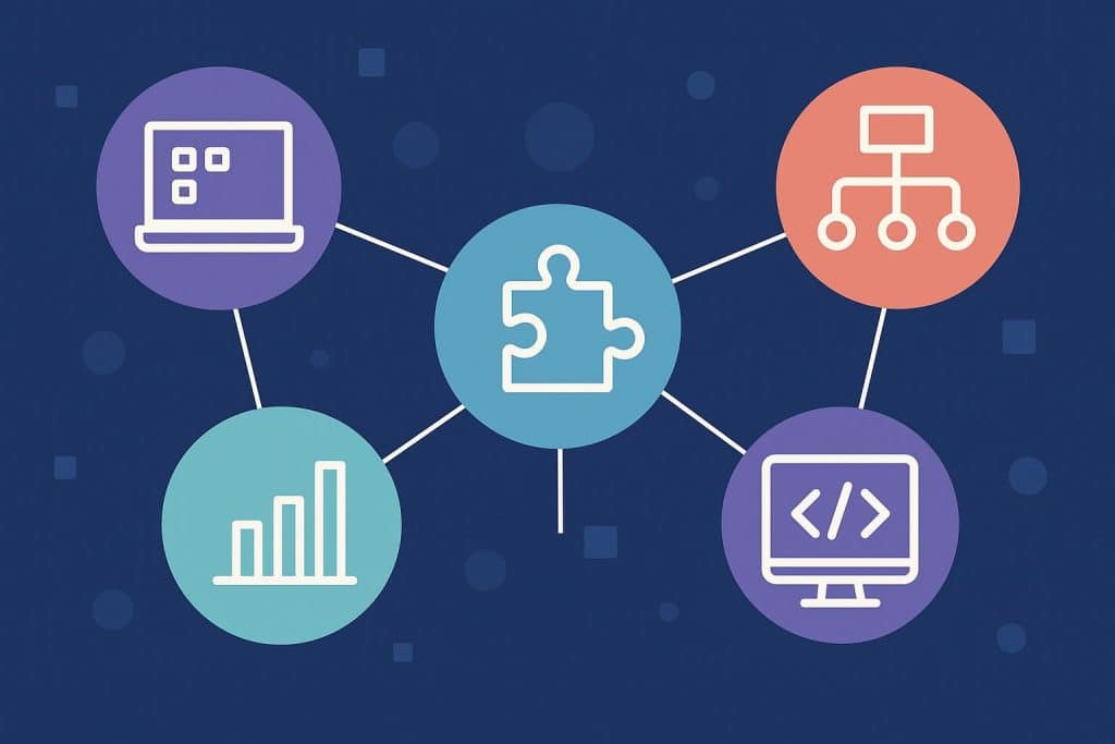 Five Career No-Code Paths in Tech No-code technology icons representing diverse career paths in the tech industry