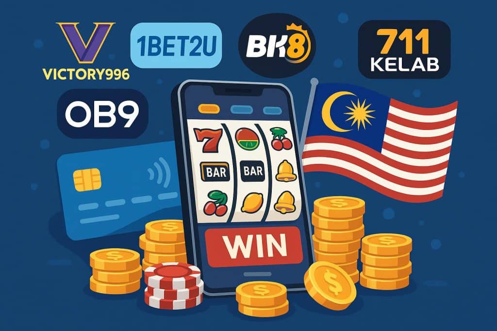 eWallet game site logos in Malaysia, including Victory996, 1BET2U, BK8, OB9, and 711KELAB
