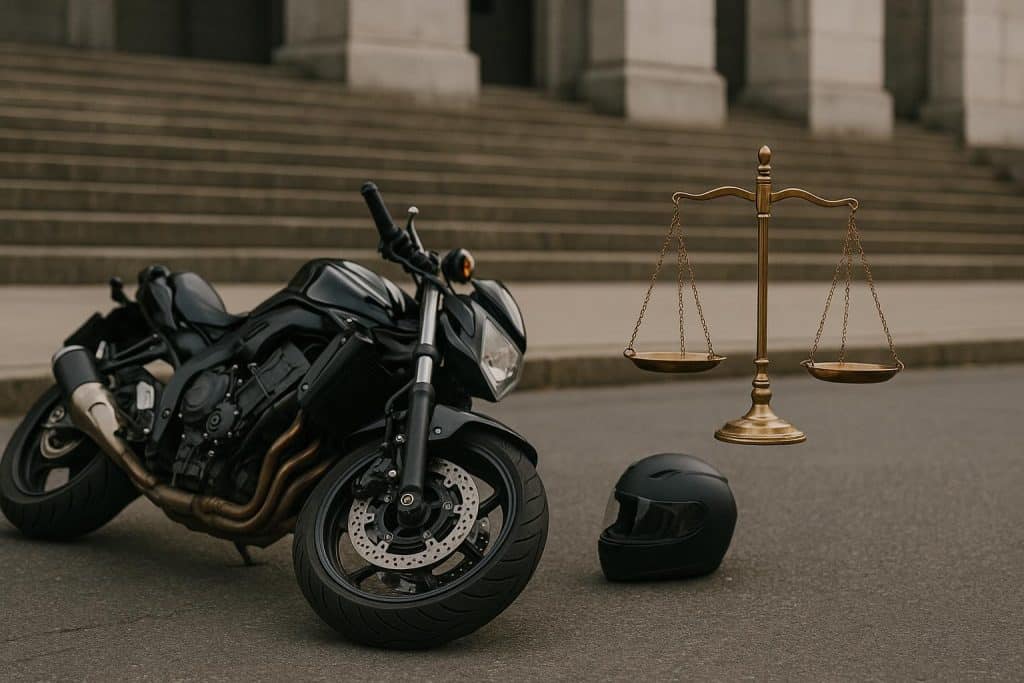 Motorcycle accident scene on the road with damaged bike and asphalt highlighting legal concerns