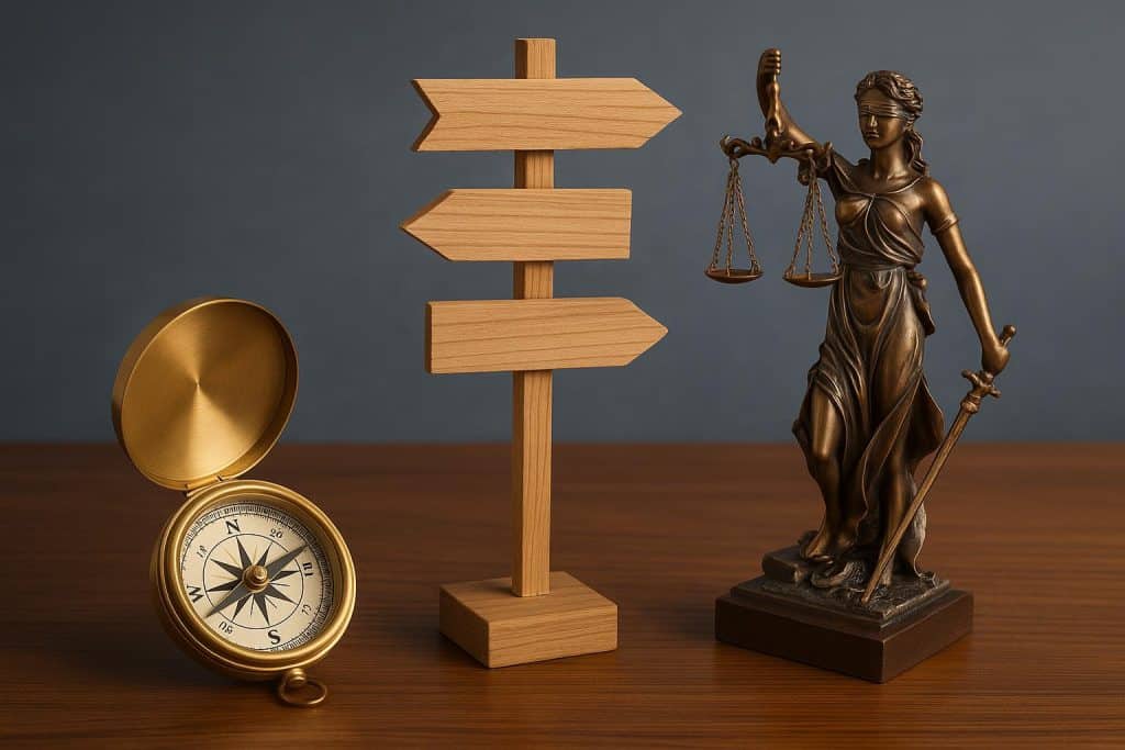 Accident lawyer reviewing legal documents in office with scales of justice on desk