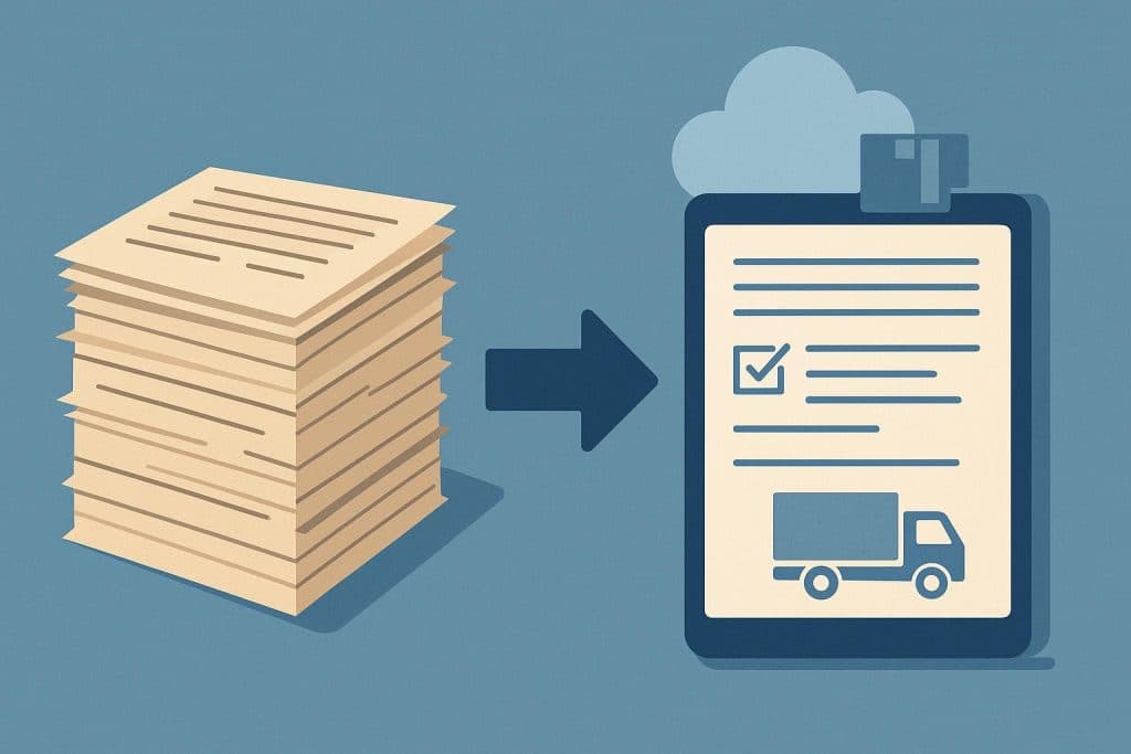 Digital transformation of logistics documents, featuring scanned paperwork and cloud storage icons