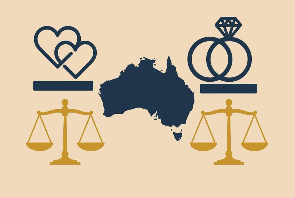 Scales of justice symbolizing legal rights for de facto and married couples in Australia