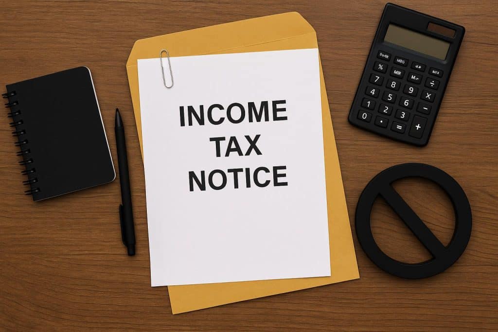 Income tax notice document with red warning symbol emphasizing common mistakes to avoid