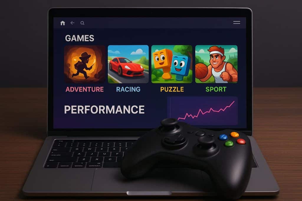 Colorful online gaming platform dashboard showcasing game icons and performance analytics charts