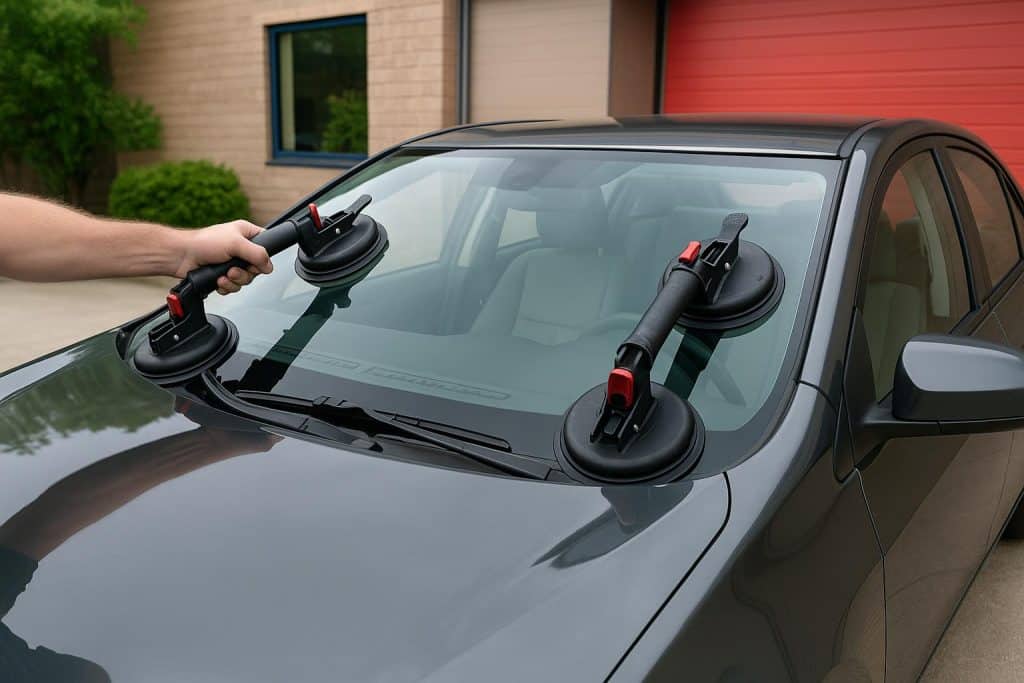Windshield being replaced on a car by professionals in Sterling Heights, Michigan