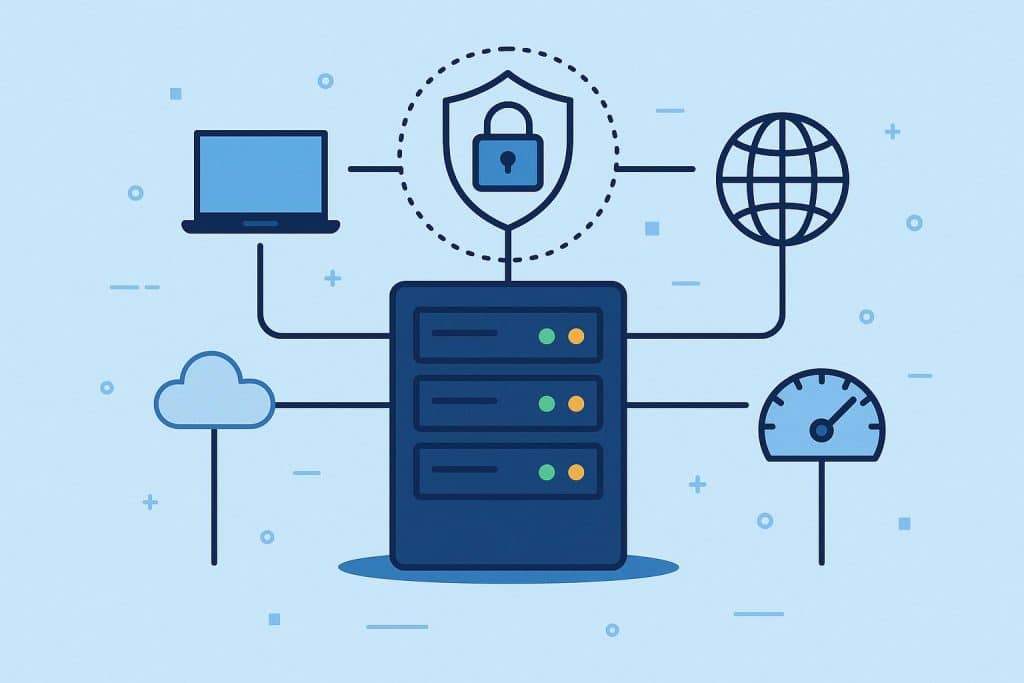 Illustration of proxy servers securing data flow and enhancing digital privacy and network efficiency