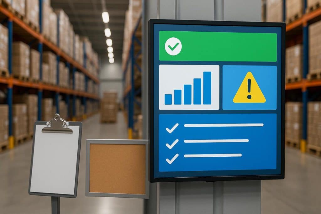 Digital signage screens displaying warehouse updates, replacing traditional clipboards and boards
