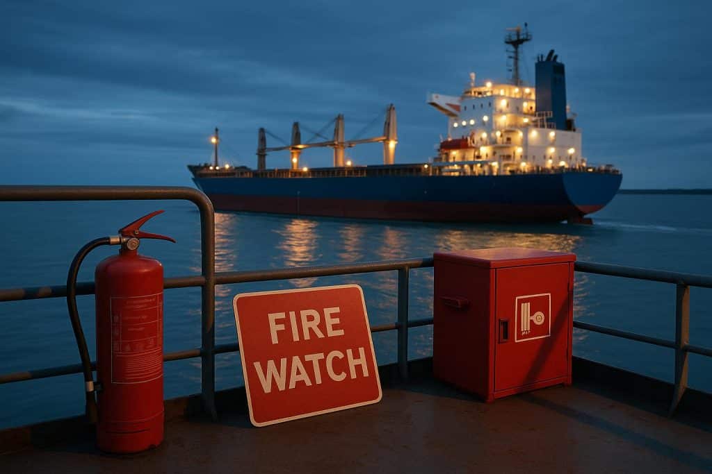 Maritime fire watch crew monitoring ship deck to ensure vessel and crew safety at sea