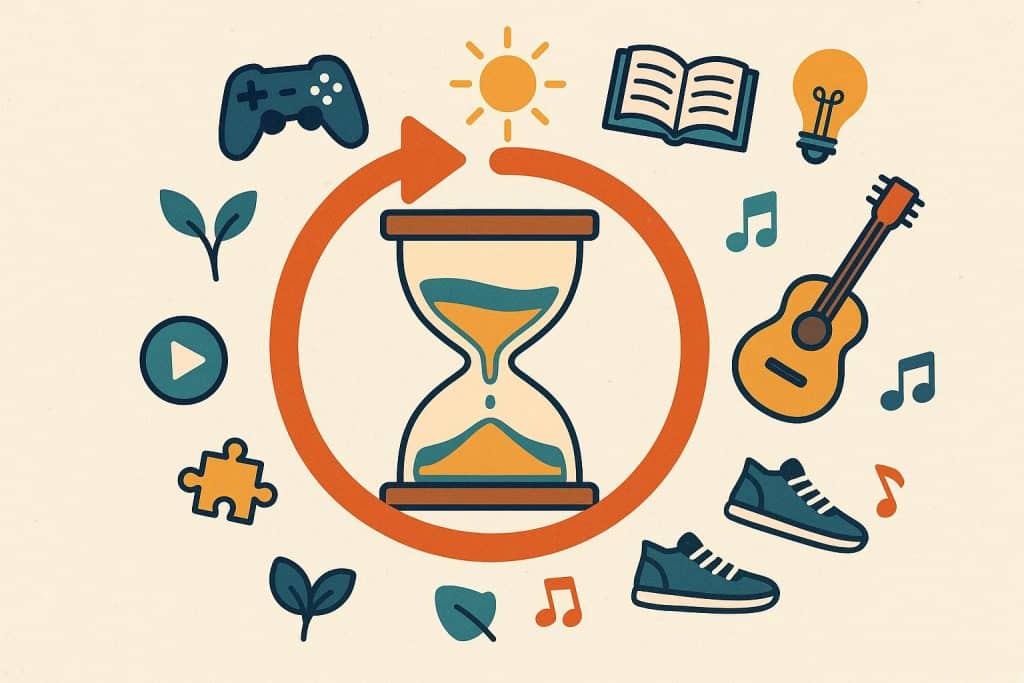 Colorful activities collage representing ways to stay engaged and overcome boredom effectively