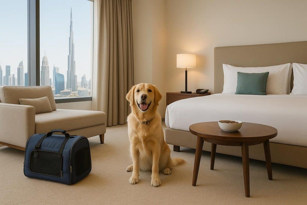 Dog and cat relaxing on a hotel bed in a modern pet friendly Dubai hotel room