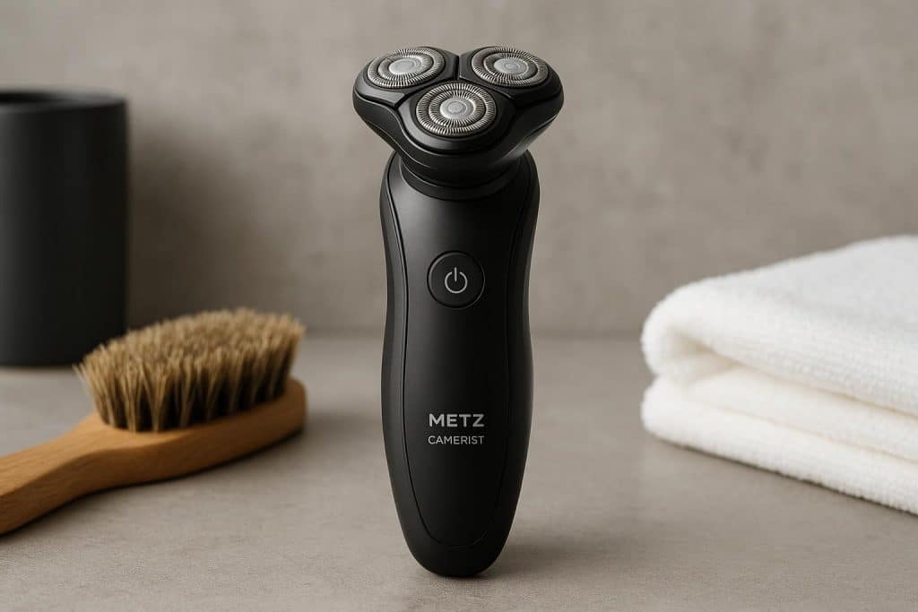 Metz Camerist Electric Shaver on bathroom counter for easy, effective beard grooming