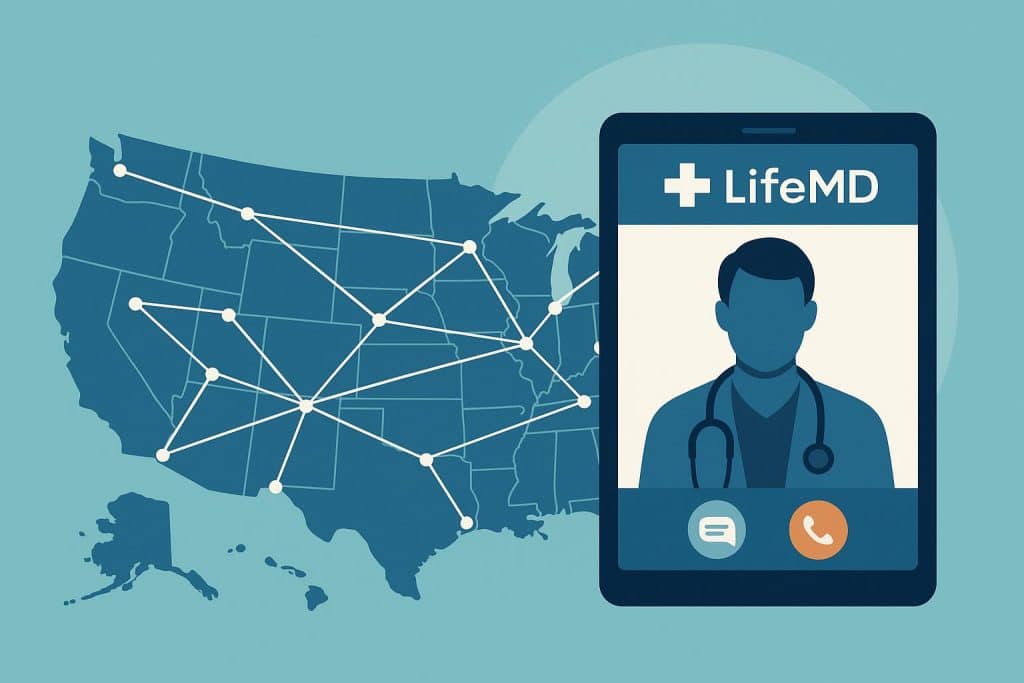 Nationwide map highlighting LifeMD's 50-state telehealth provider network expansion