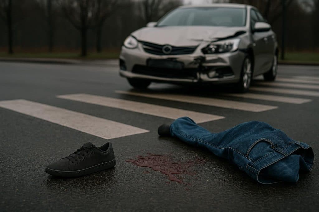 Crosswalk accident scene emphasizing risks and severity of injuries in pedestrian incidents